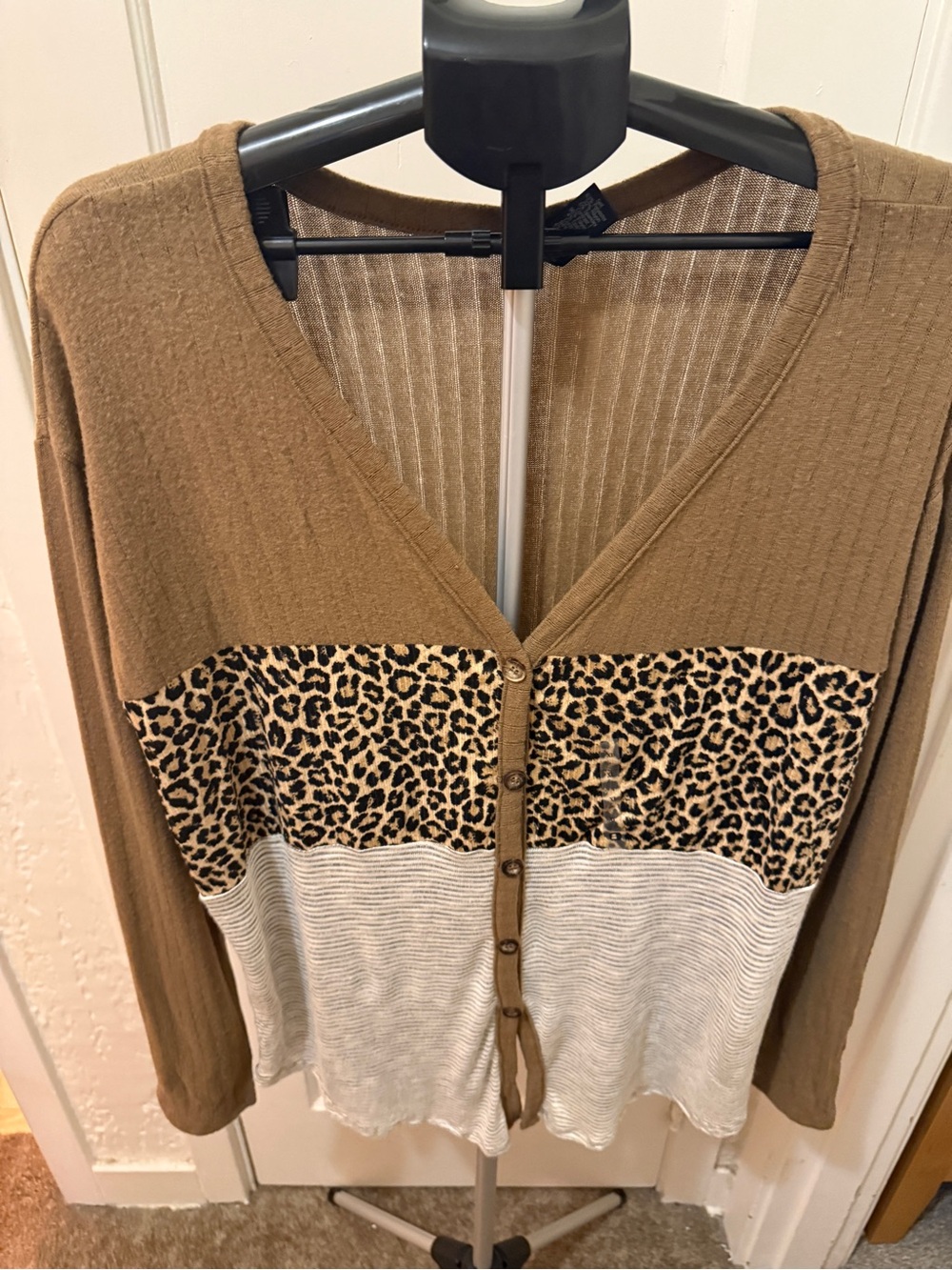 Day trip by buckle womens Brown Colorblock Leopard-Print Button Cardigan Sweater